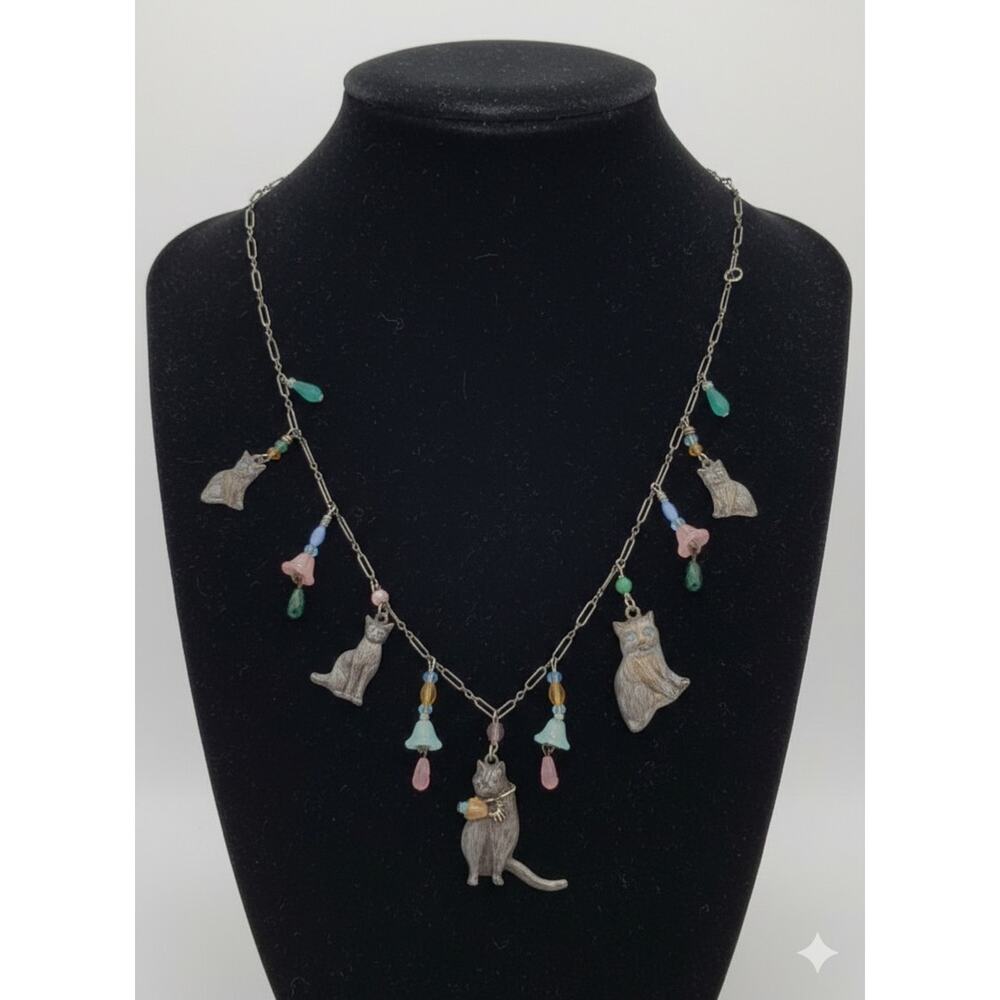 Vintage 1970s Lucy Isaacs Sterling Silver Cat Charm Necklace Whimsical Folk Art